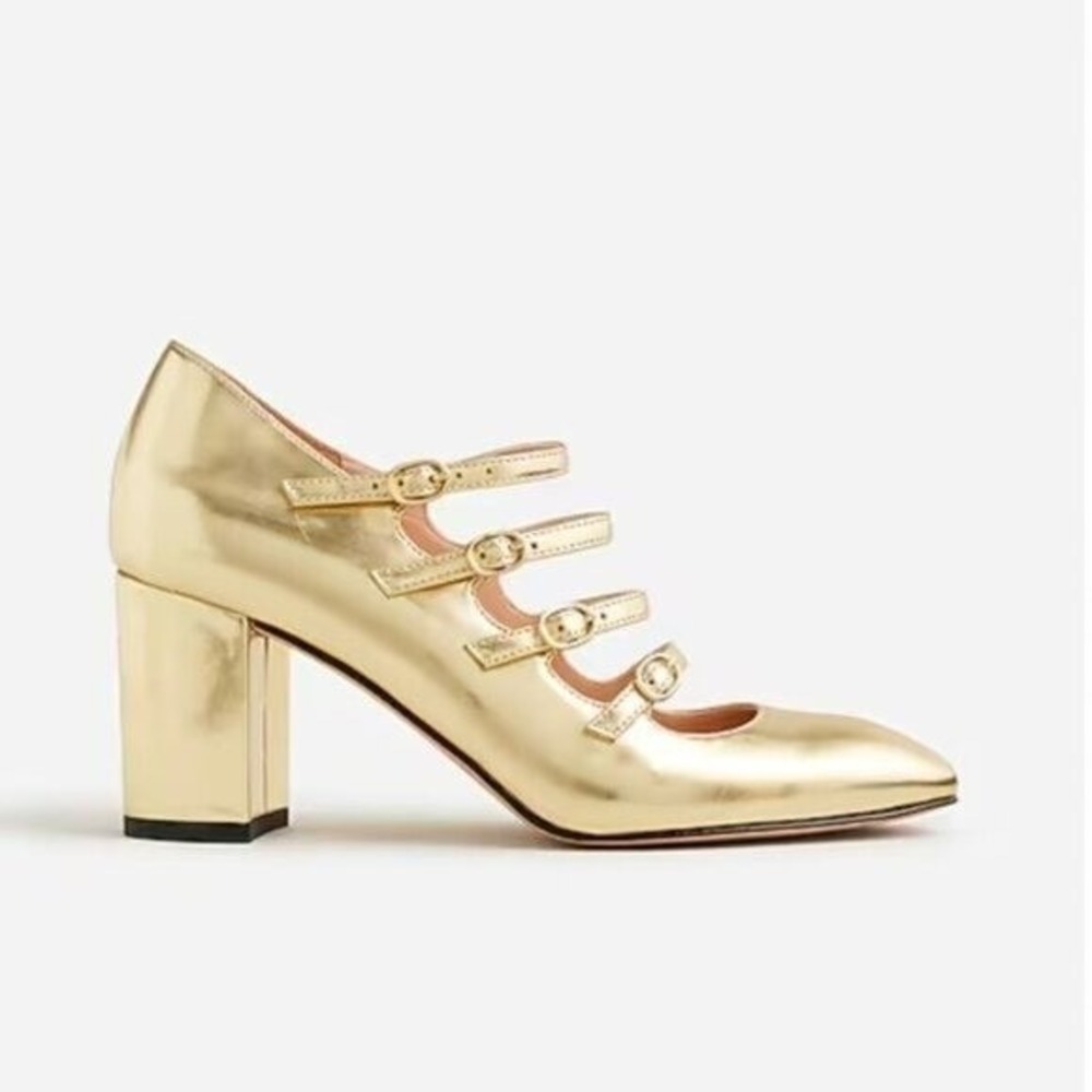 J.Crew Gold Metallic Leather Multi-Strap Mary Jane Block Heel Pumps | Size 8 - Picture 3 of 12